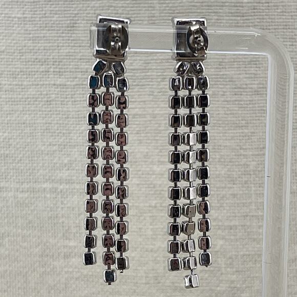 Vintage Rhinestone Black Silver Tone Fringe Stud Earrings Drop Dangle Push Lock - Picture 3 of 4